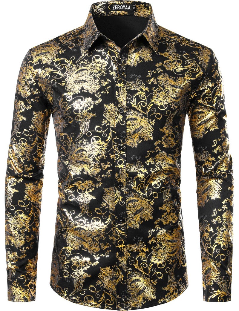 ZEROYAA Men's Luxury Paisley Dress Shirt Shiny Floral Printed Button Down Shirts for Party Prom ZLCL18 Black Gold Large - Image 1